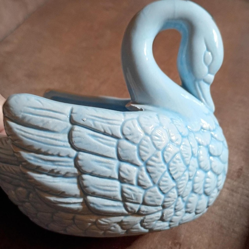 Vintage Blue Ceramic Swan Planter Textured Glossy Figurine Made in Taiwan 4 Inch